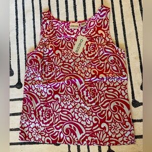 Chico’s - Modern Garden Floral Print Satin Sleeveless Tan Top in Fuchsia - S / 0